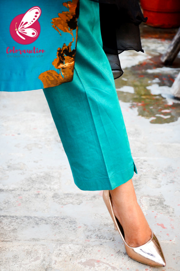 Teal Blue &amp; Golden Brocade Silk Padded Kurti with Cyan Cotton Silk Pants and Black Pure Organza Three-Tier Ruffle Stole