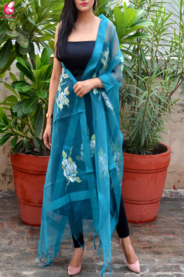 Teal Green Organza Floral Handpainted Stole
