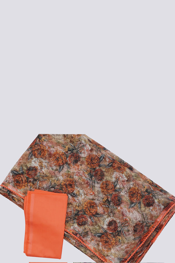 Teak Thread Work Pom Pom Lace Saree