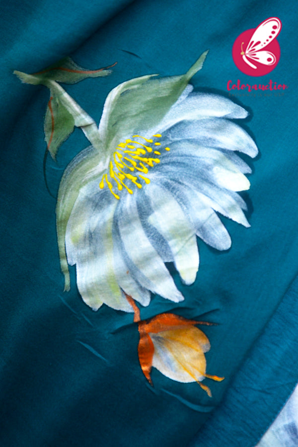 Teal Hand Painted Floral Pure Silk Chiffon Parrot Saree