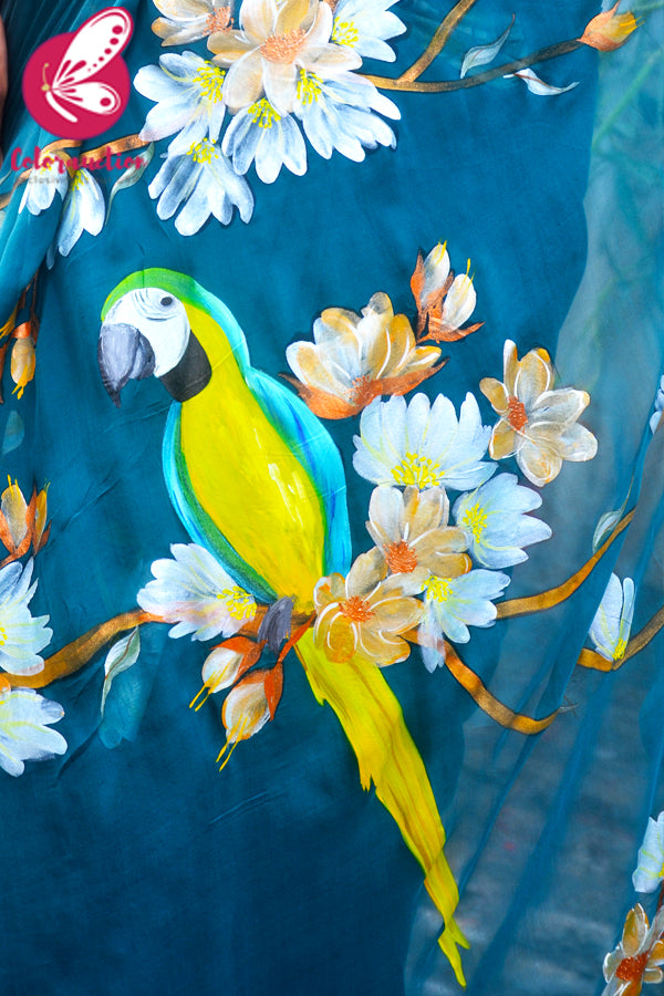 Teal Hand Painted Floral Pure Silk Chiffon Parrot Saree