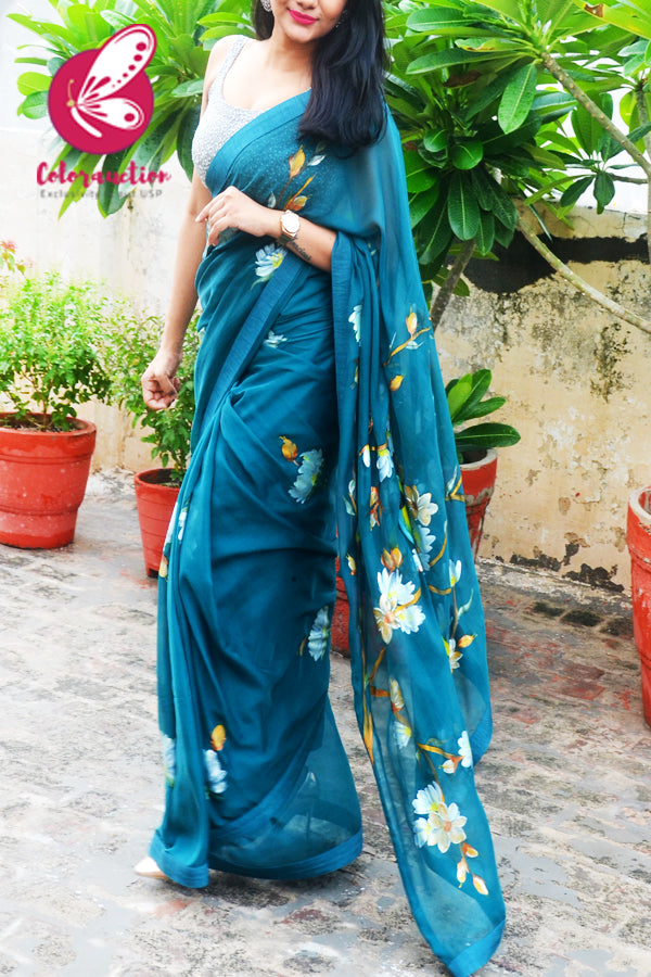 Teal Hand Painted Floral Pure Silk Chiffon Parrot Saree