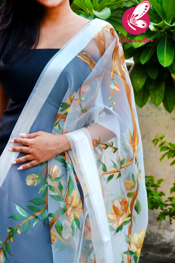 White Pure Organza Handpainted Floral Stole