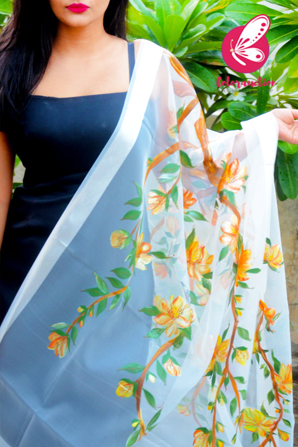 White Pure Organza Handpainted Floral Stole