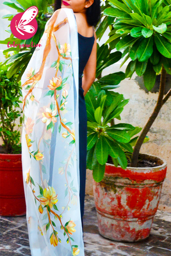 White Pure Organza Handpainted Floral Stole