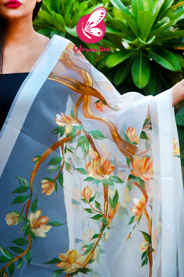 White Pure Organza Handpainted Floral Stole