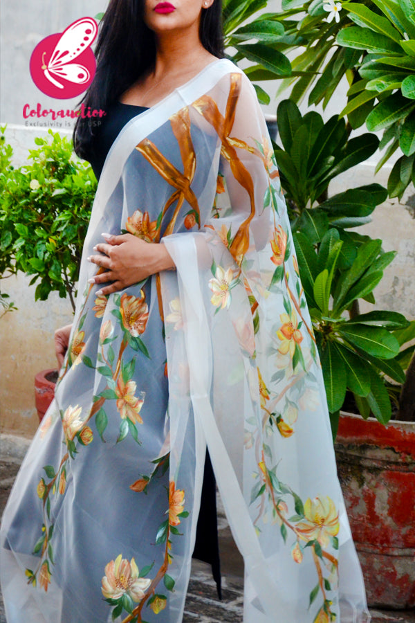 White Pure Organza Handpainted Floral Stole