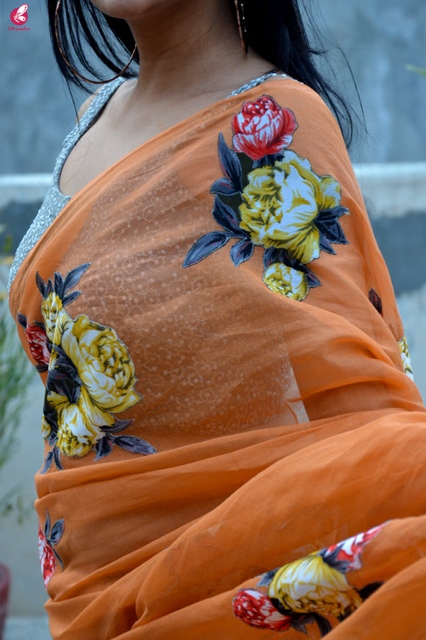 Teak Organdy Applique Floral Saree