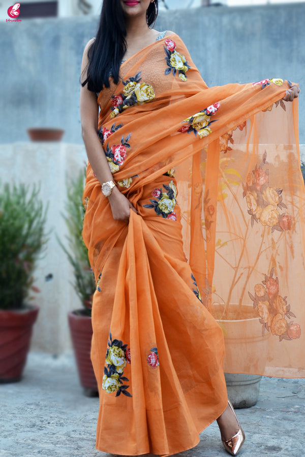 Teak Organdy Applique Floral Saree