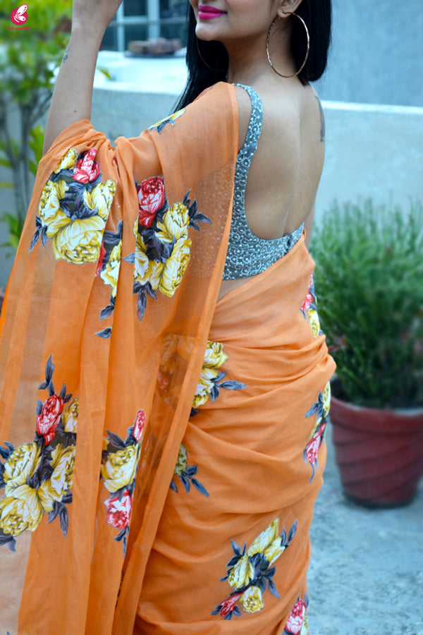 Teak Organdy Applique Floral Saree