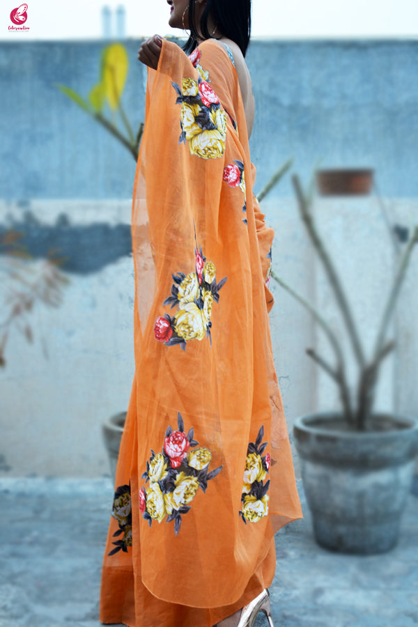 Teak Organdy Applique Floral Saree