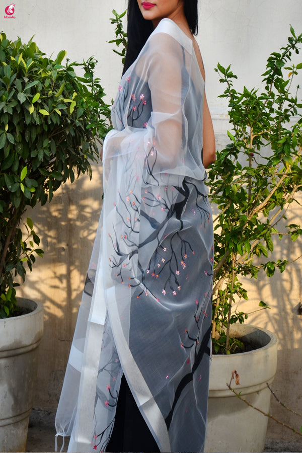White Organza Hand painted Tree Stole