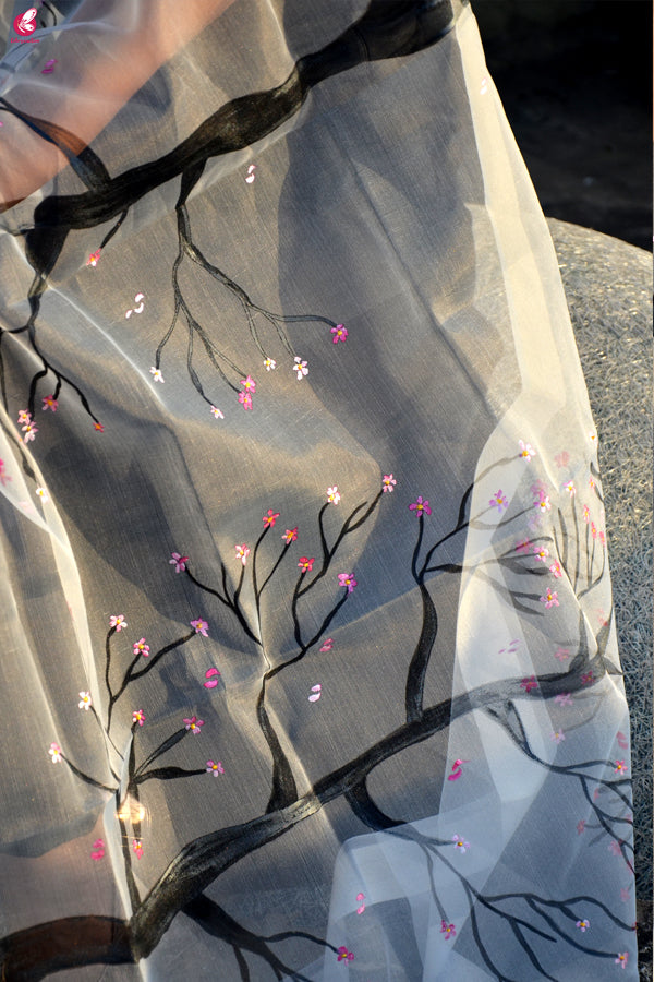 White Organza Hand painted Tree Stole