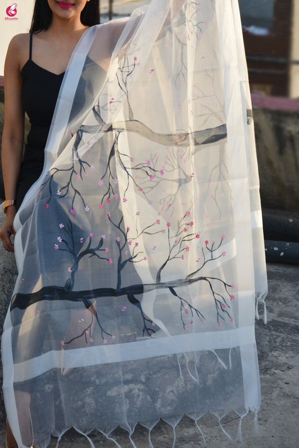 White Organza Hand painted Tree Stole