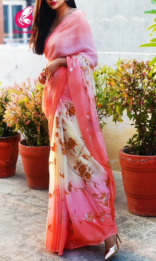 Peach &amp; Off White Double Shaded Chinon Saree