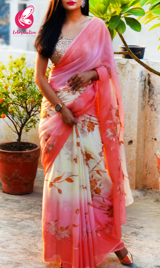 Peach & Off White Double Shaded Chinon Saree