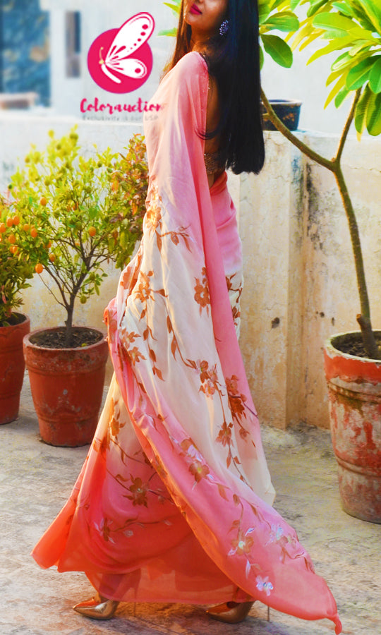 Peach &amp; Off White Double Shaded Chinon Saree