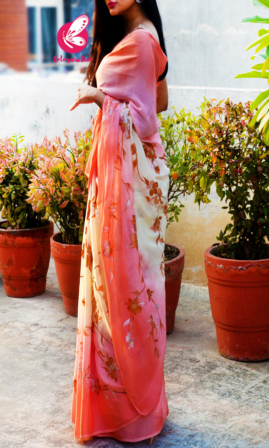Peach &amp; Off White Double Shaded Chinon Saree