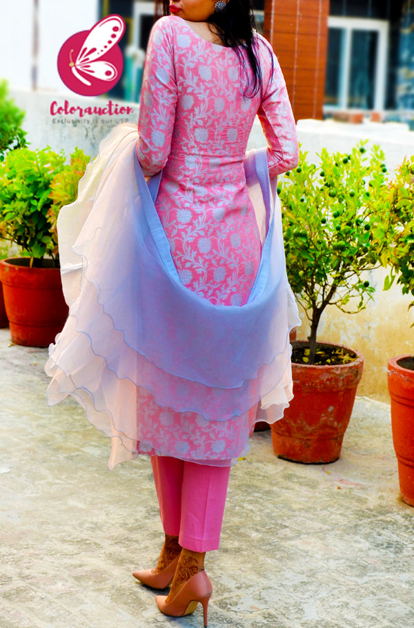 Rose Pink &amp; Georgette Brocade Silk Padded Kurti with Rose Pink Cotton Silk Pants and Silver Pure Organza Three-Tier Ruffle Stole
