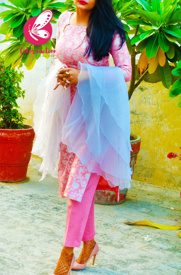 Rose Pink &amp; Georgette Brocade Silk Padded Kurti with Rose Pink Cotton Silk Pants and Silver Pure Organza Three-Tier Ruffle Stole
