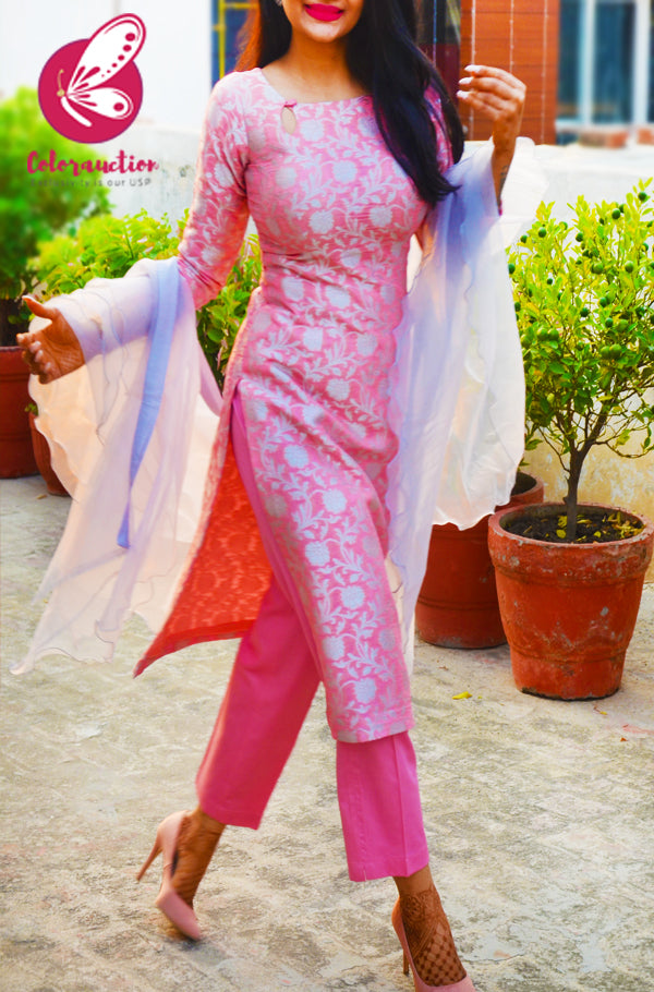 Rose Pink &amp; Georgette Brocade Silk Padded Kurti with Rose Pink Cotton Silk Pants and Silver Pure Organza Three-Tier Ruffle Stole