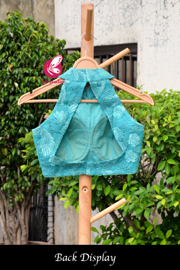 Turquoise Embroidered Net Padded Backless Blouse