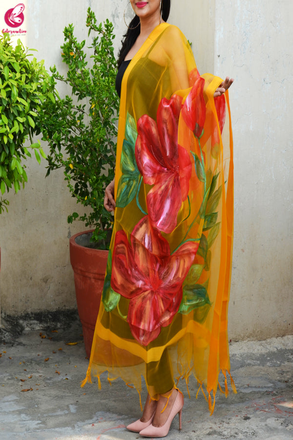 Turmeric Yellow Hibiscus Organza Handpainted Stole