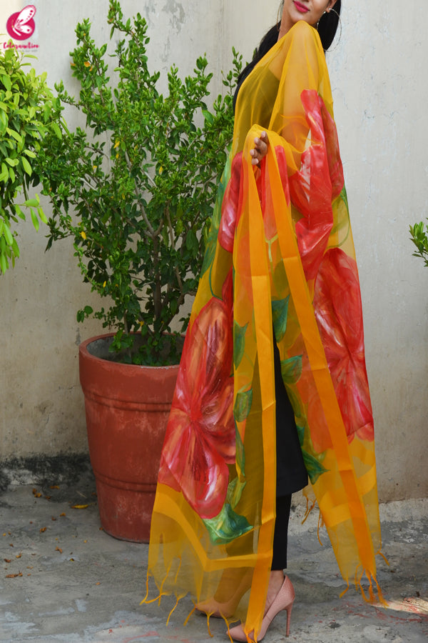 Turmeric Yellow Hibiscus Organza Handpainted Stole