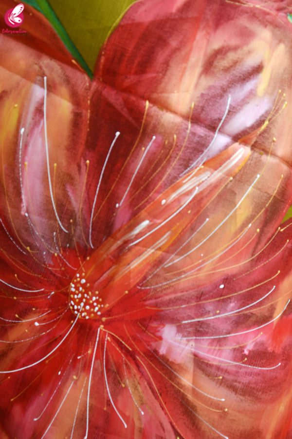 Turmeric Yellow Hibiscus Organza Handpainted Stole