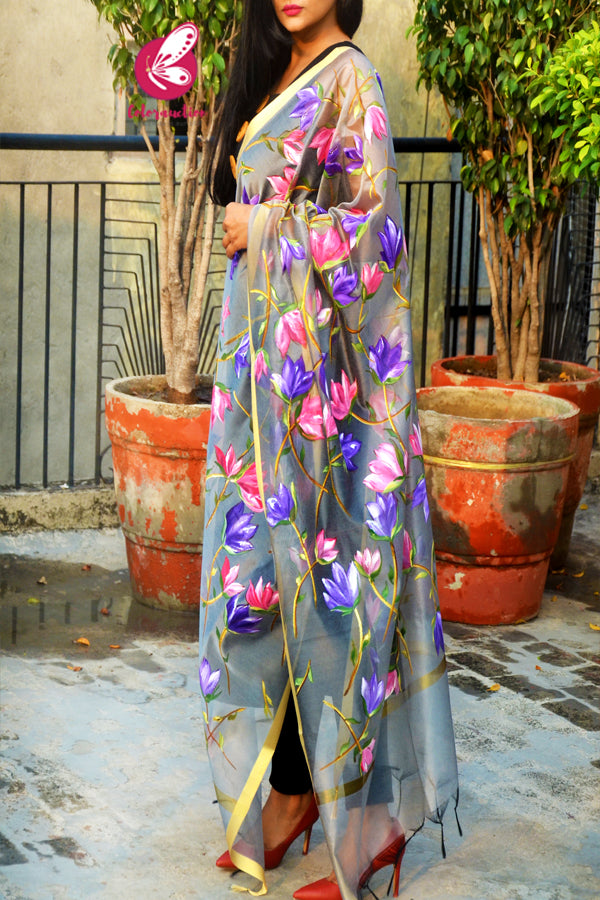 Grey Organza Hand painted Pink Purple Floral Stole