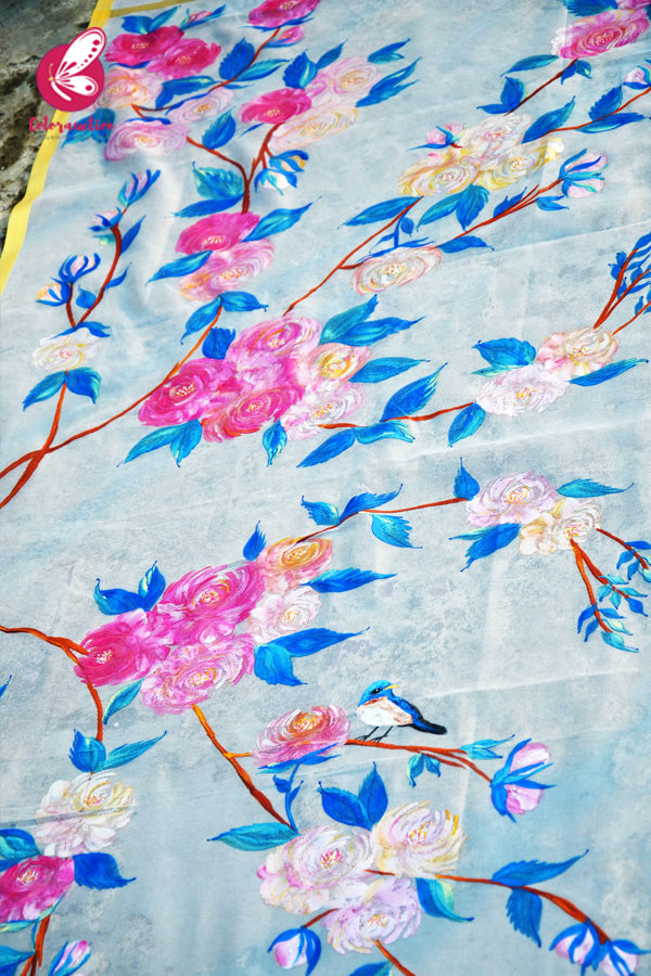 Off White Chanderi Hand painted Floral Stole