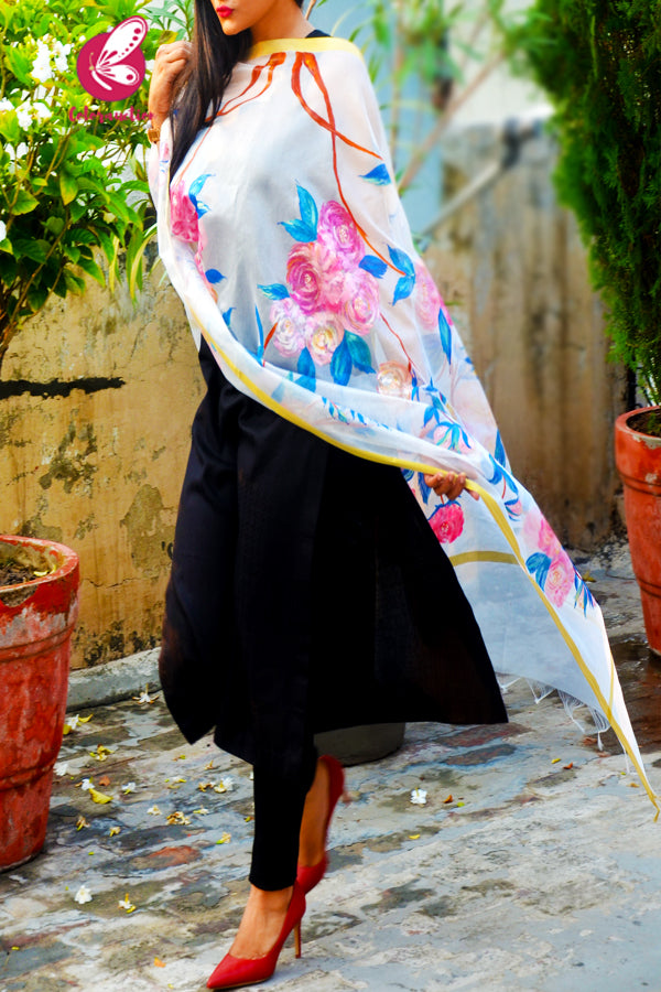 Off White Chanderi Hand painted Floral Stole