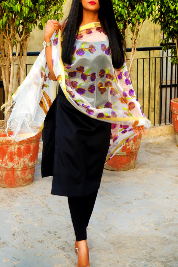 White Pure Organza Floral Purple Orange Hand painted Stole