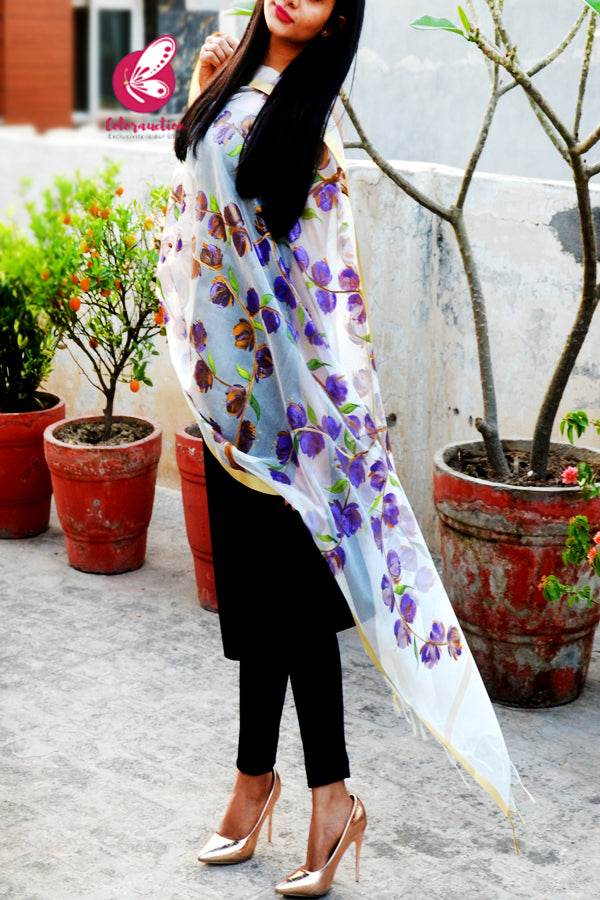 White Pure Organza Floral Purple Orange Hand painted Stole