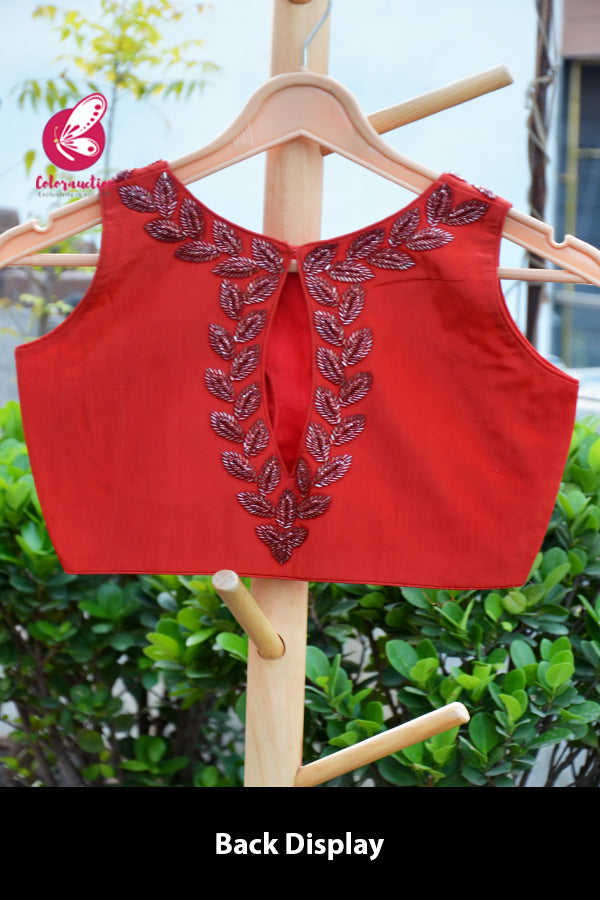 Red Crepe Beads Handwork Padded Keyhole Back Blouse