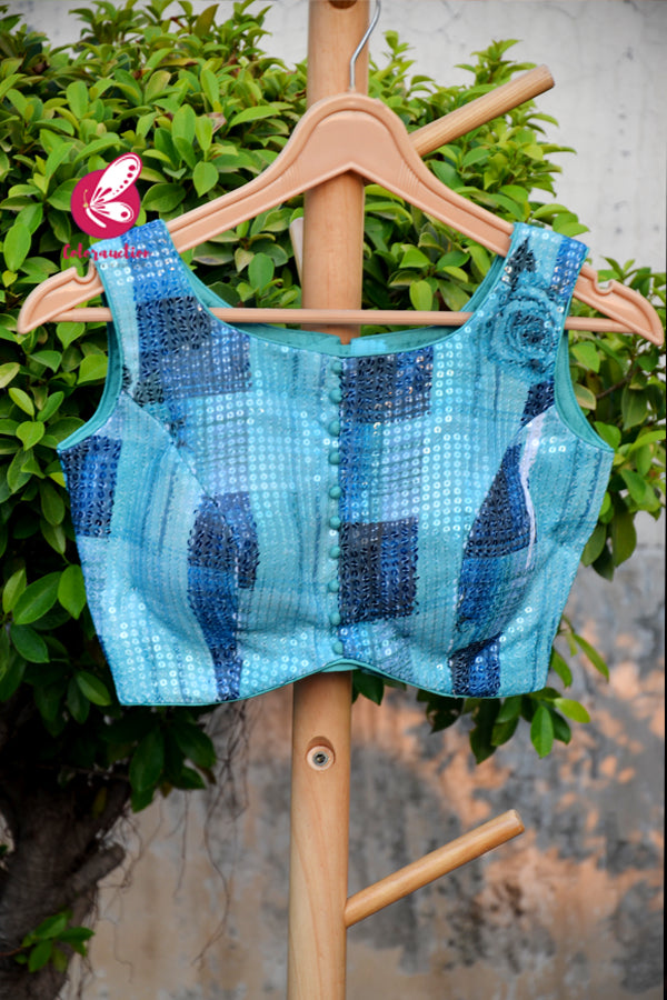 Sky Blue & Blue Floral Sequins Padded Blouse