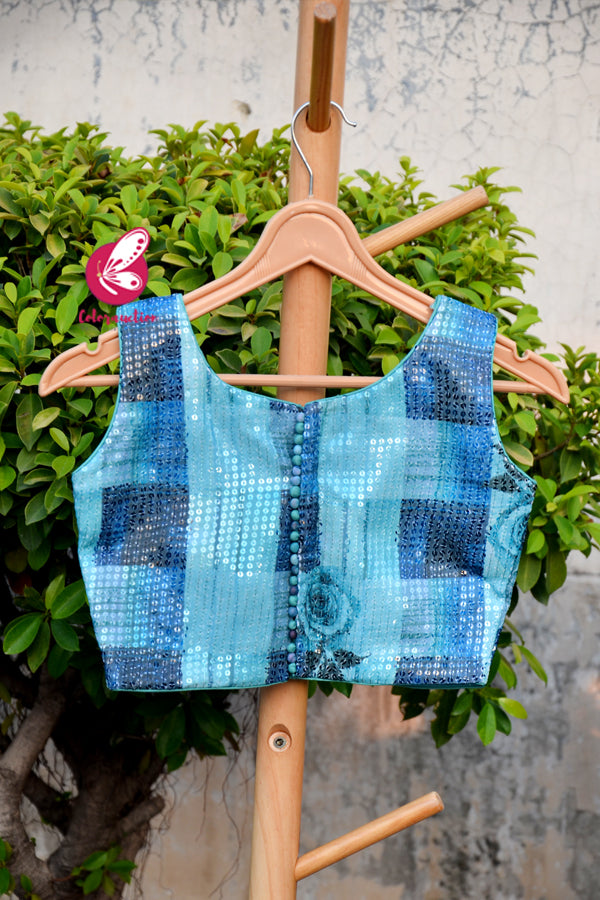 Sky Blue &amp; Blue Floral Sequins Padded Blouse