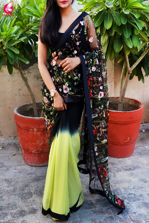 Lime Green &amp; Black Double Shaded Georgette Net  Black Satin Taping Saree