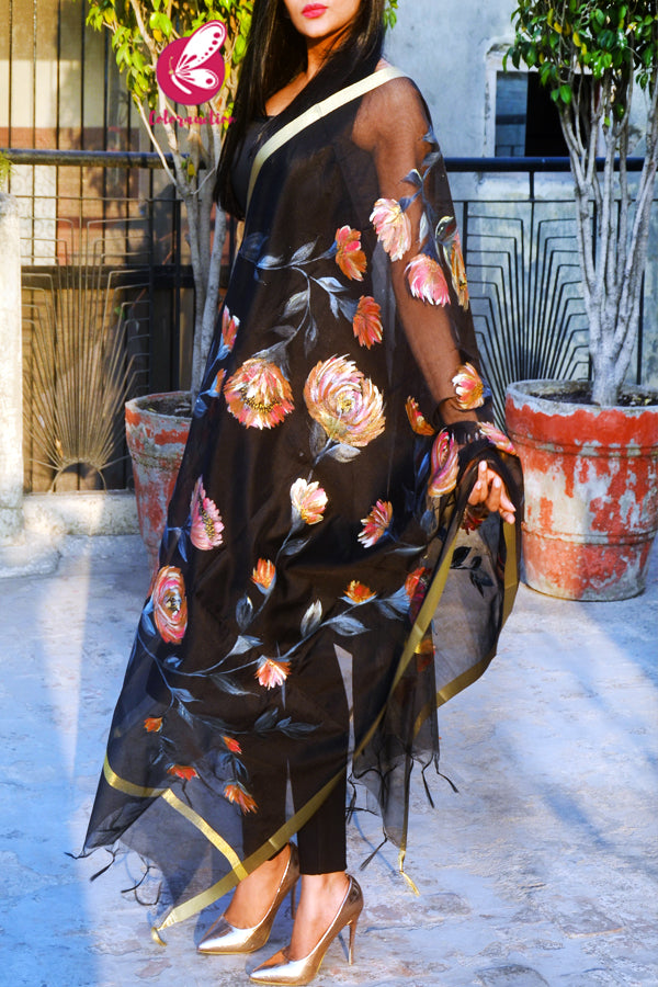 Black Pure Organza Floral Multicoloured Hand painted Stole