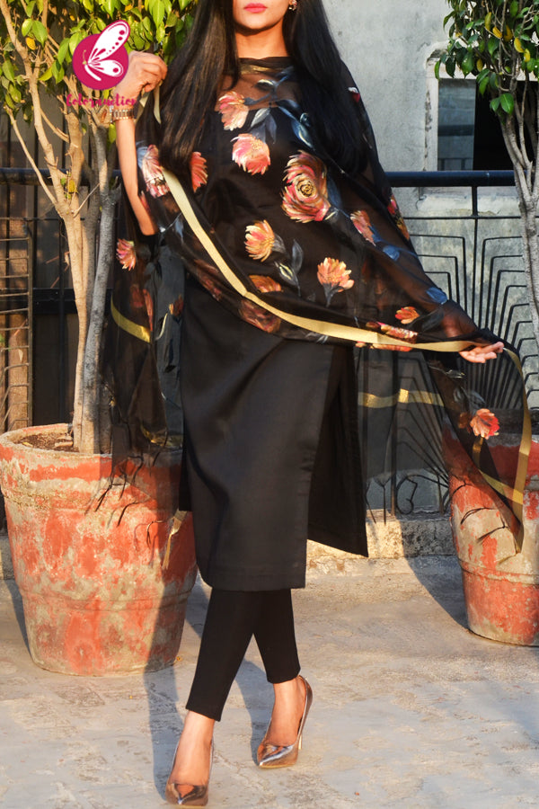 Black Pure Organza Floral Multicoloured Hand painted Stole