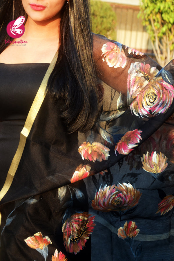Black Pure Organza Floral Multicoloured Hand painted Stole