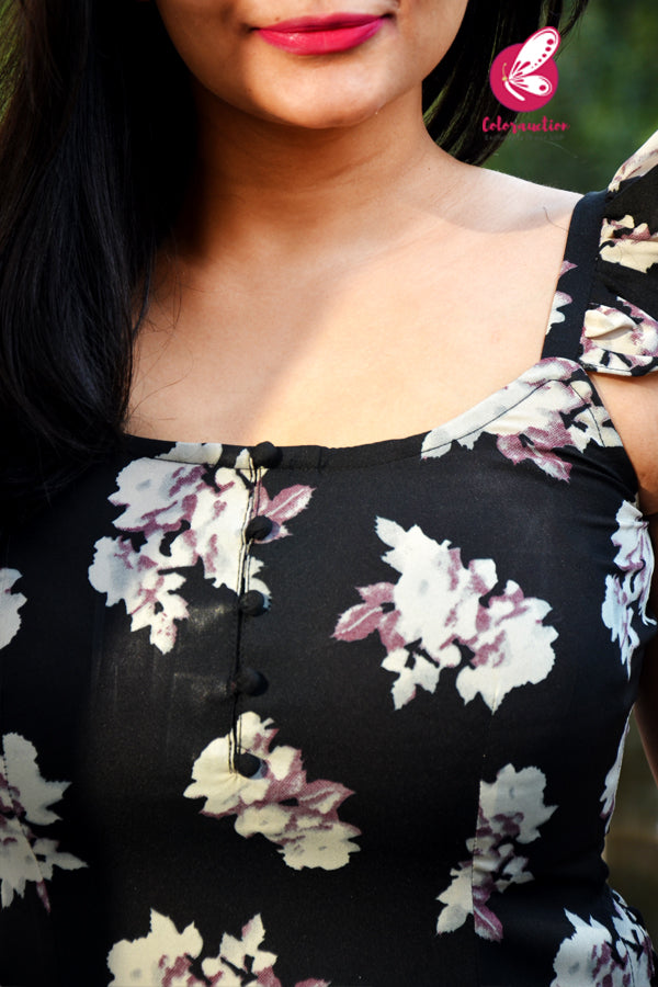Black & Mauve Printed Floral Crepe Side Tassels Straight Fit Kurti