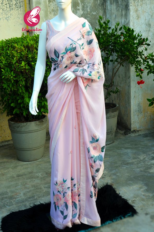 Peach Organza Georgette Handpainted  Floral Dupion Taping Saree