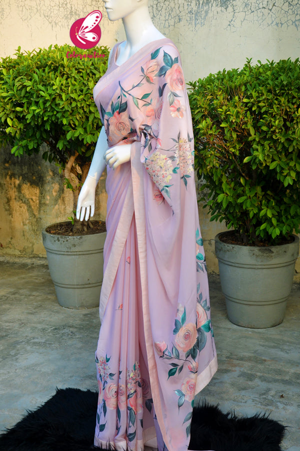Peach Organza Georgette Handpainted  Floral Dupion Taping Saree