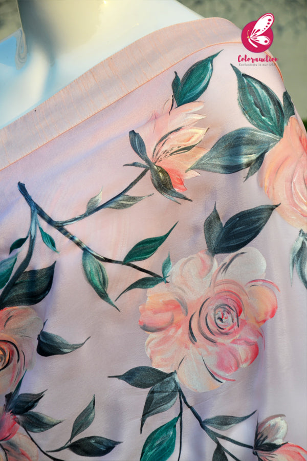 Peach Organza Georgette Handpainted  Floral Dupion Taping Saree