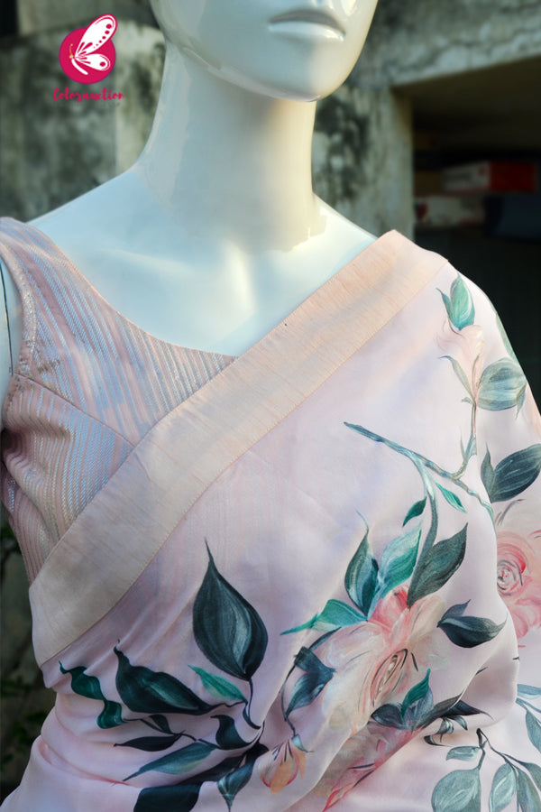 Peach Organza Georgette Handpainted  Floral Dupion Taping Saree
