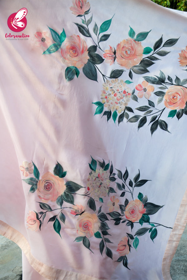 Peach Organza Georgette Handpainted  Floral Dupion Taping Saree