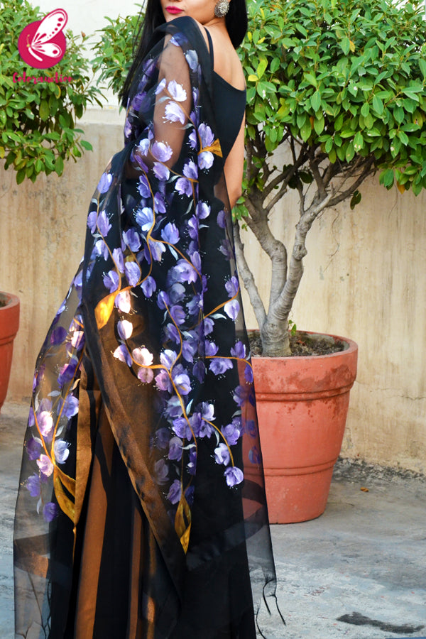 Black Organza Hand-painted Violet Stole