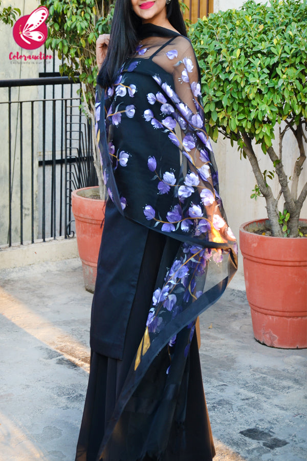 Black Organza Hand-painted Violet Stole