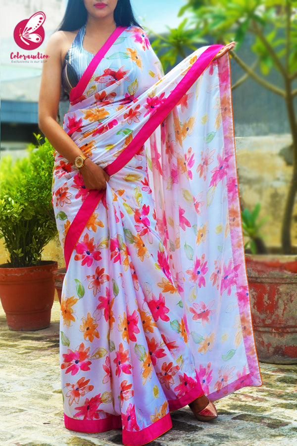 White Multicoloured Printed Floral Satin Georgette Dupion Taping Saree